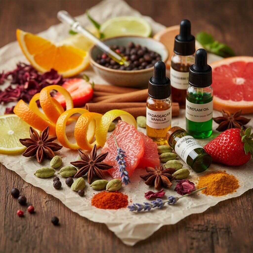 A stunning detailed macro shot reveals a vibrant arrangement of complex natural ingredients on a tasting table, including fragrant citrus zest, diverse botanicals, fresh fruit slices, exotic spices, and concentrated aromatic extracts, perfect for showcasing flavor development and culinary artistry.