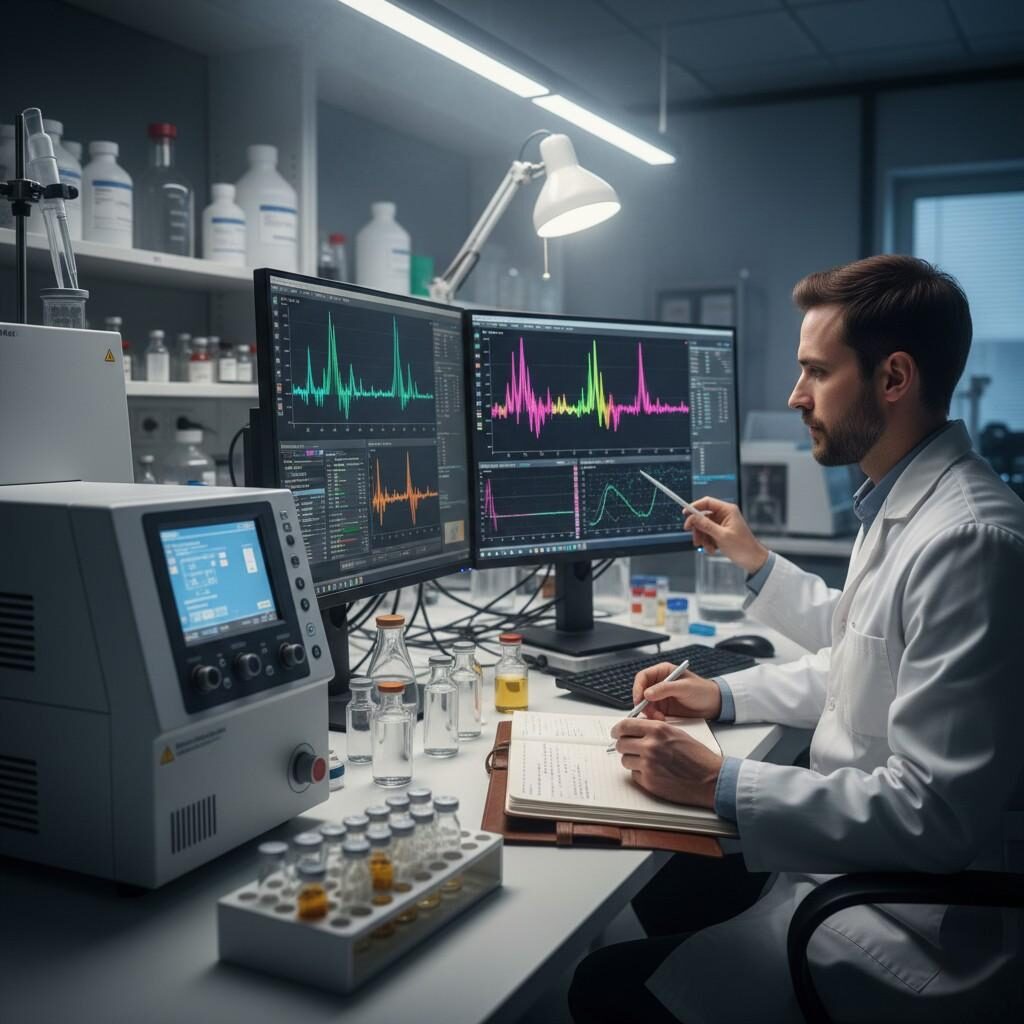 A detailed image showcasing a flavor scientist reviewing GC-MS (gas chromatography–mass spectrometry) readouts, analyzing vials of flavor molecules, and meticulously taking notes on aromatic compound data in a professional laboratory setting.