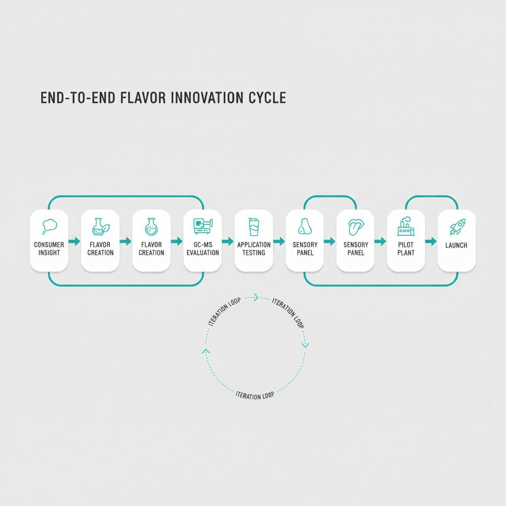 A clear process flow diagram illustrating the end-to-end collaboration cycle for flavor innovation, from initial consumer insight and flavor creation through GC-MS evaluation, application testing, sensory panels, pilot plant production, and final product launch.
