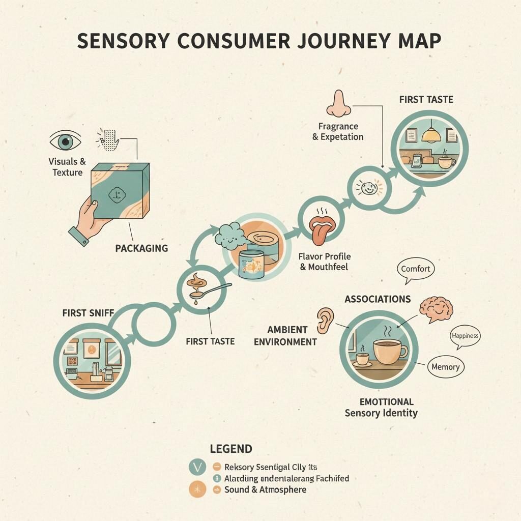 An illustration-style consumer journey map detailing key touchpoints such as packaging, first sniff, first taste, and ambient environment, comprehensively annotated with sensory branding elements and emotional associations to visualize the complete customer experience.