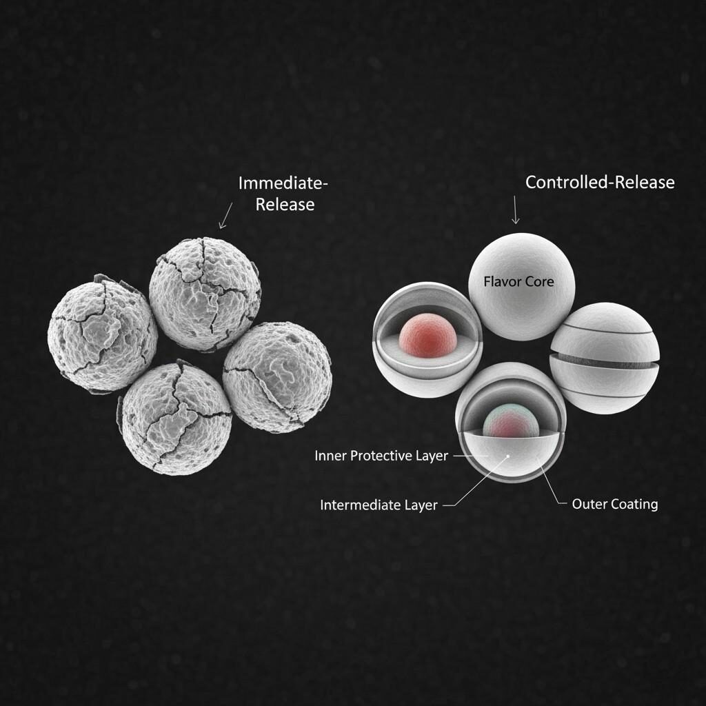 This visual comparison showcases microencapsulated flavor particles under magnification, highlighting the structural differences between immediate-release and controlled-release designs. Observe the protective coating layers and the internal flavor core, illustrating how advanced encapsulation technologies are used to enhance flavor stability and delivery in various applications.
