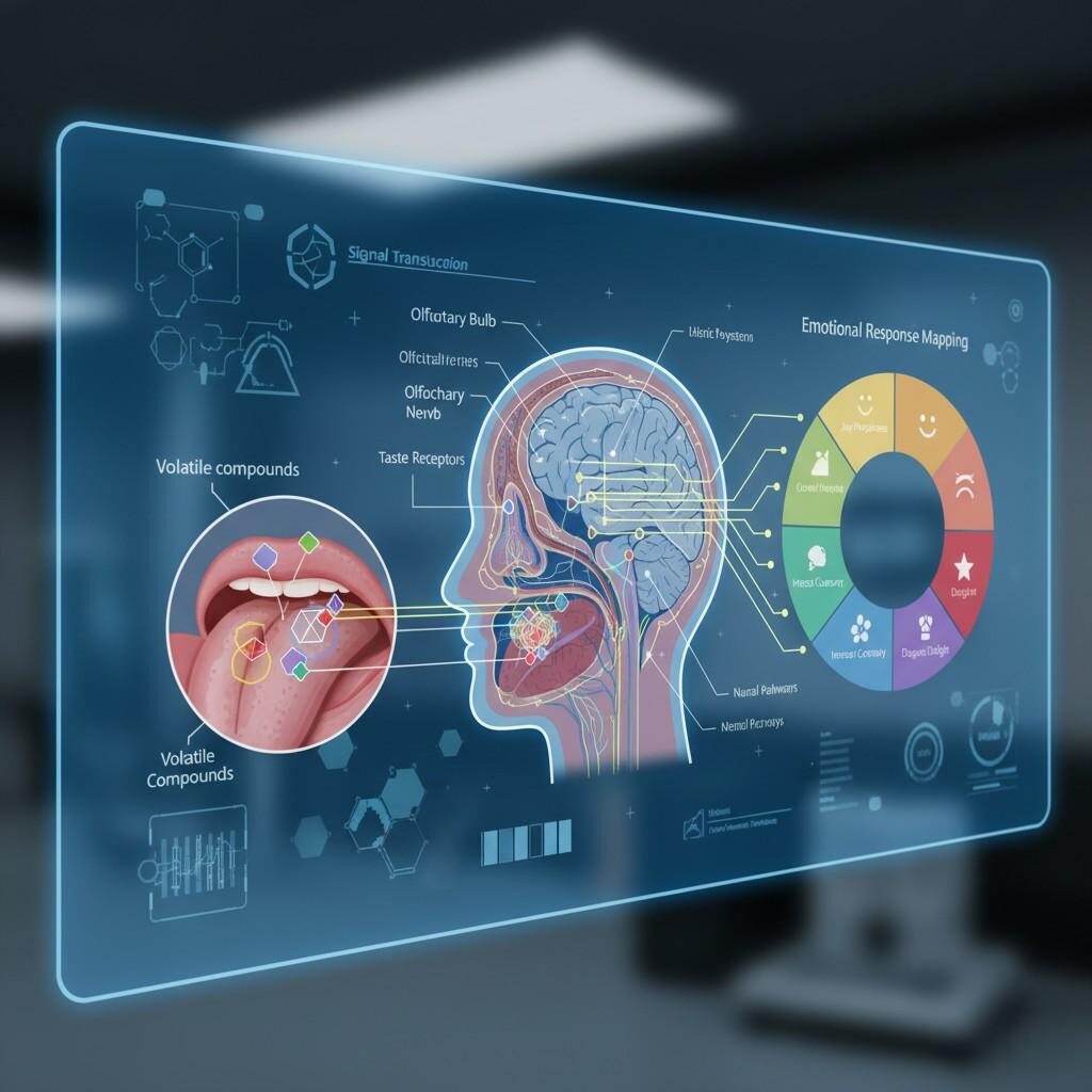 A detailed technical illustration depicting the intricate process of flavor perception. It shows volatile compounds interacting with taste receptors and olfactory nerves, mapping these sensory inputs to the brain, and ultimately connecting them to various emotional reactions, providing insight into the complex relationship between taste, smell, and emotion.
