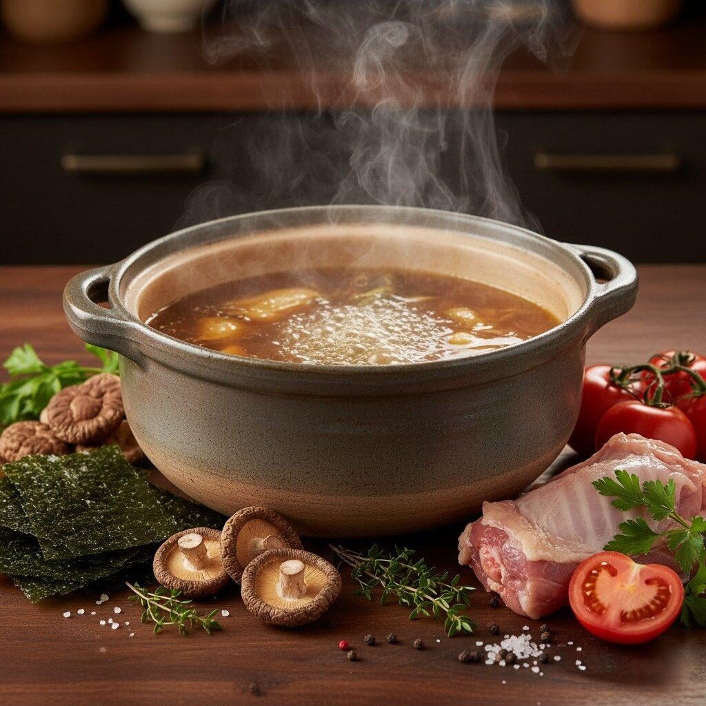 A professional and inviting photo of a simmering broth pot, emanating warmth and rich aromas. Surrounding the pot are fresh, natural umami-rich ingredients: dried kombu, shiitake mushrooms, raw chicken bones, and ripe tomatoes, all contributing to a deeply flavorful and nutritious broth. Perfect for food blogs, recipe sites, and culinary inspiration.