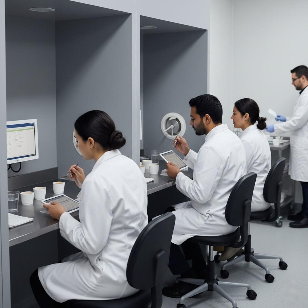 sensory evaluation, trained panelists, reduced-sugar prototypes, food science, product development, taste testing, laboratory setting, food innovation, sensory analysis, food research, quality control, food industry, food technology, consumer insights, product testing, taste panel