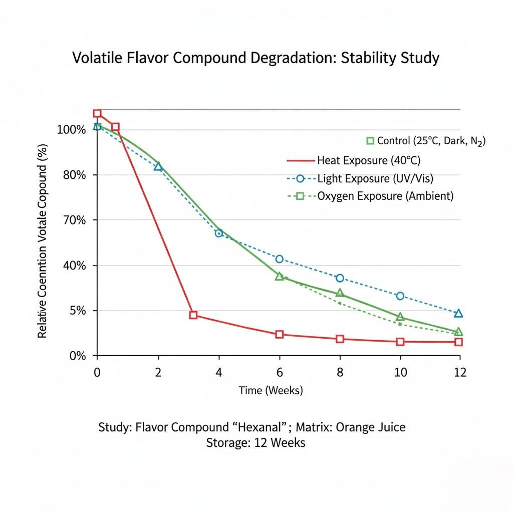 This professional chart details a flavor stability study, illustrating the degradation of a volatile compound (e.g., "Hexanal" in Orange Juice) over 12 weeks under various environmental stressors: heat (40°C), light (UV/Vis), and oxygen (ambient). It provides critical insights into how different storage conditions impact the integrity and shelf-life of flavors in food products.