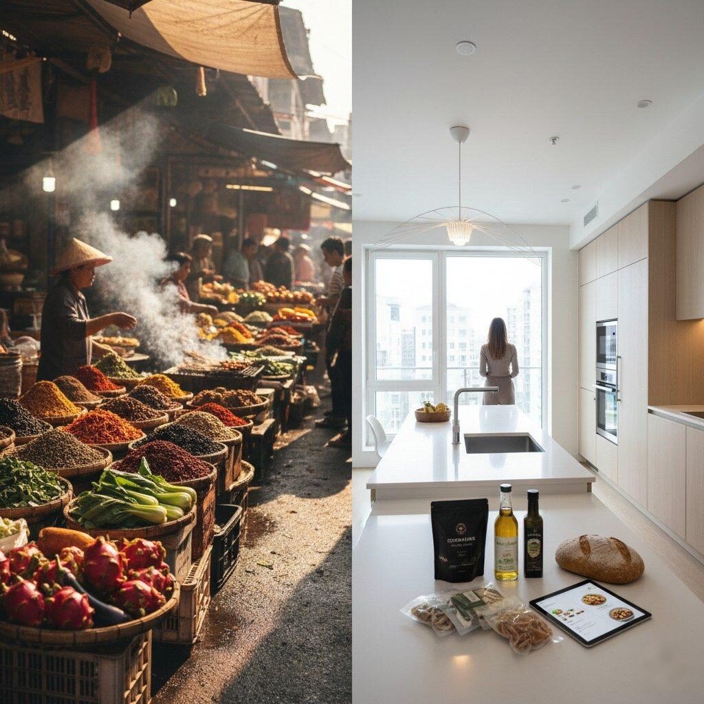  This striking split image presents a compelling contrast between culinary cultures. On one side, immerse yourself in the vibrant chaos of a traditional Asian market, brimming with fresh spices and ingredients. On the other, observe the sleek, minimalist design of a modern Western kitchen, highlighting convenience and gourmet food trends.