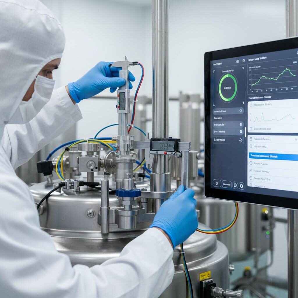 A close-up image showing a technician in a lab coat and gloves meticulously inspecting and calibrating flavor-mixing equipment. A nearby control screen prominently displays digital dashboards and sensor data, reinforcing the critical role of predictive maintenance, IoT integration, and real-time monitoring in modern flavor production for enhanced efficiency and reduced downtime.