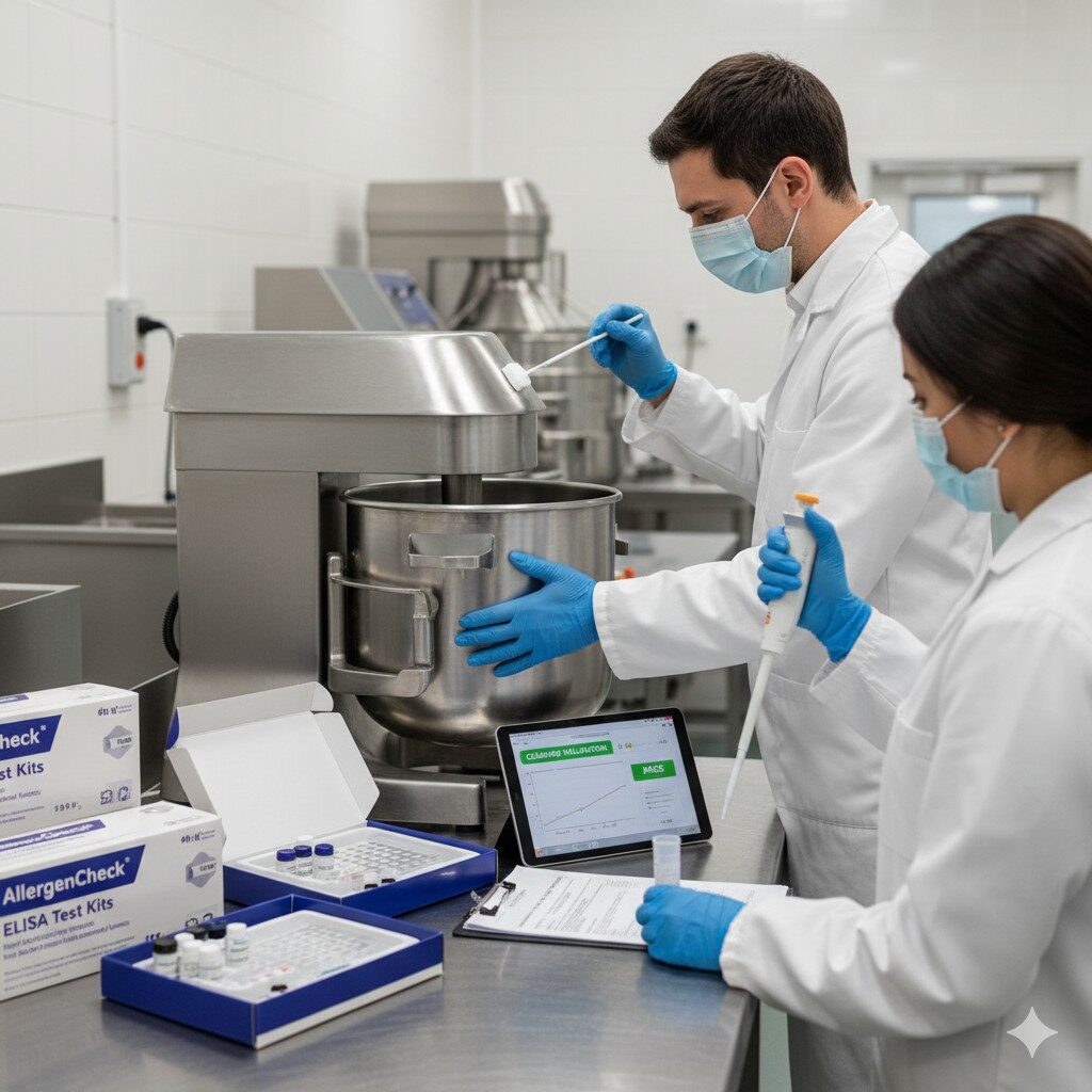 Discover best practices for allergen residue testing and cleaning validation in food manufacturing. This image illustrates equipment surface swabbing and analysis using ELISA or PCR test kits to ensure effective cleaning and enhance food safety protocols.