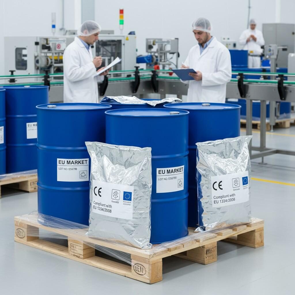 A photo of a flavor manufacturing line diligently producing export-packaged drums and bags clearly labeled for the "EU Market." The packaging proudly displays essential lot numbers, compliance marks, and regulatory icons, including "Compliant with EU 1334/2008," showcasing adherence to strict European Union flavor regulations.