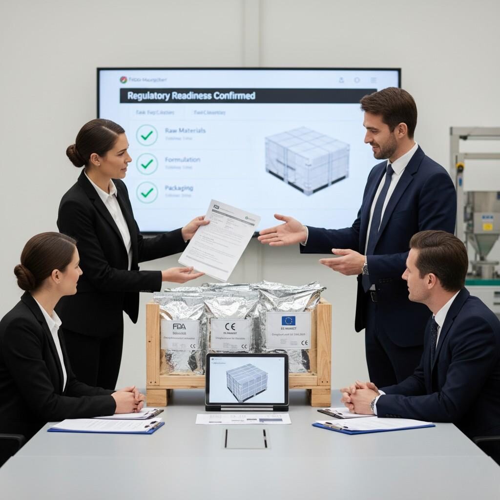 A professional image depicting a meeting where a flavor supplier team meticulously reviews packaging, shipment, and regulatory documentation for a food manufacturer customer. The visual emphasizes the detailed process of ensuring regulatory readiness and compliance for flavor modules, from production to delivery.