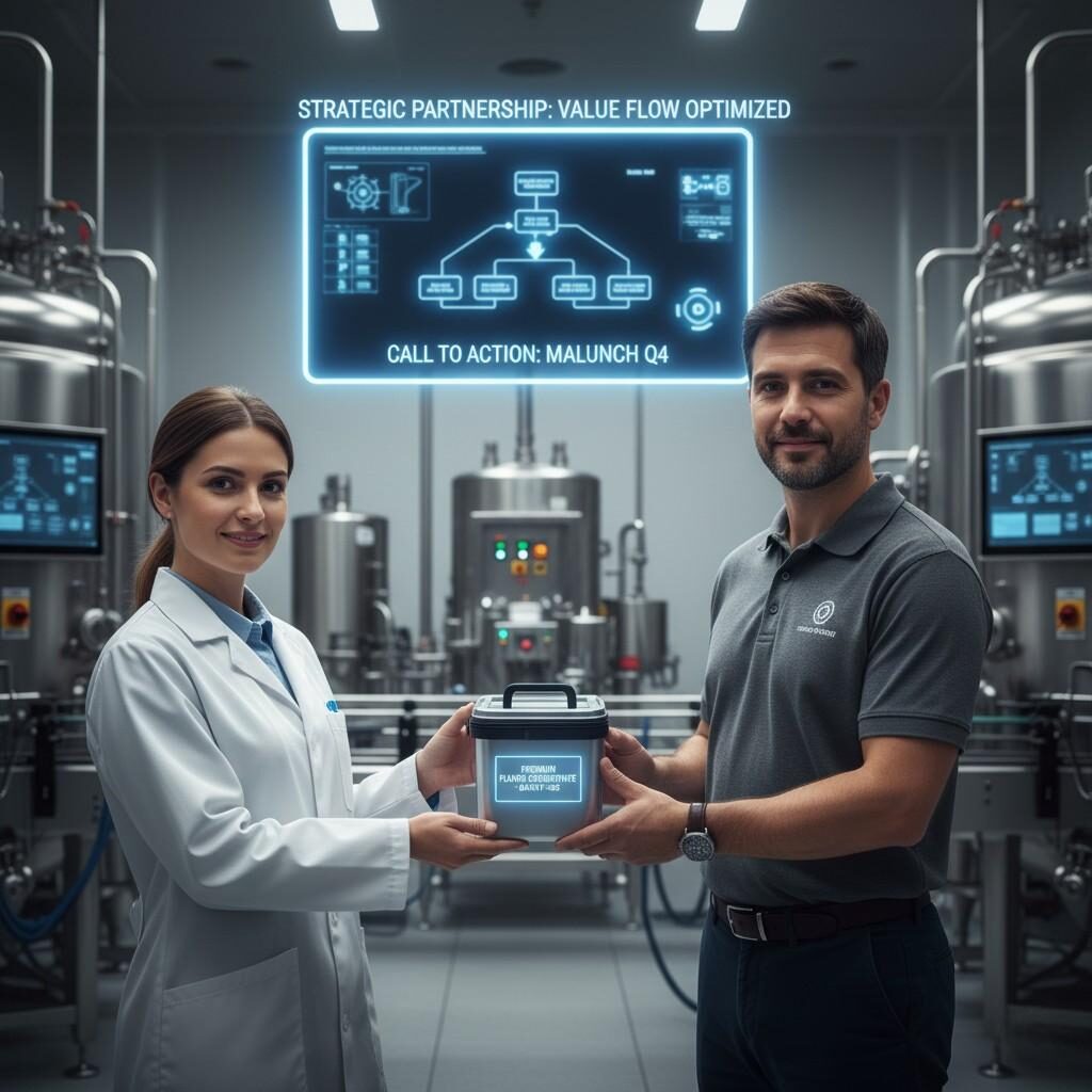 A professional photo showing a strategic supply-chain partnership moment, with a woman in a lab coat and a man in a polo shirt exchanging a container labeled "Premium Flavor Concentrate." The background features industrial equipment and a holographic display highlighting "Strategic Partnership: Value Flow Optimized" and a "Call to Action." Ideal for illustrating B2B collaboration and the critical exchange of high-value components.