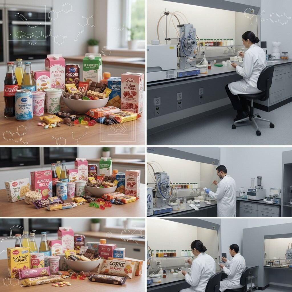 reduced-sugar products, food innovation, laboratory R&D, food science, beverages, snacks, dairy, flavor development, GC-MS, sensory evaluation, food technology, product development, chemical analysis, taste science, food research, sugar reduction, food industry, scientific research, product testing, market trends