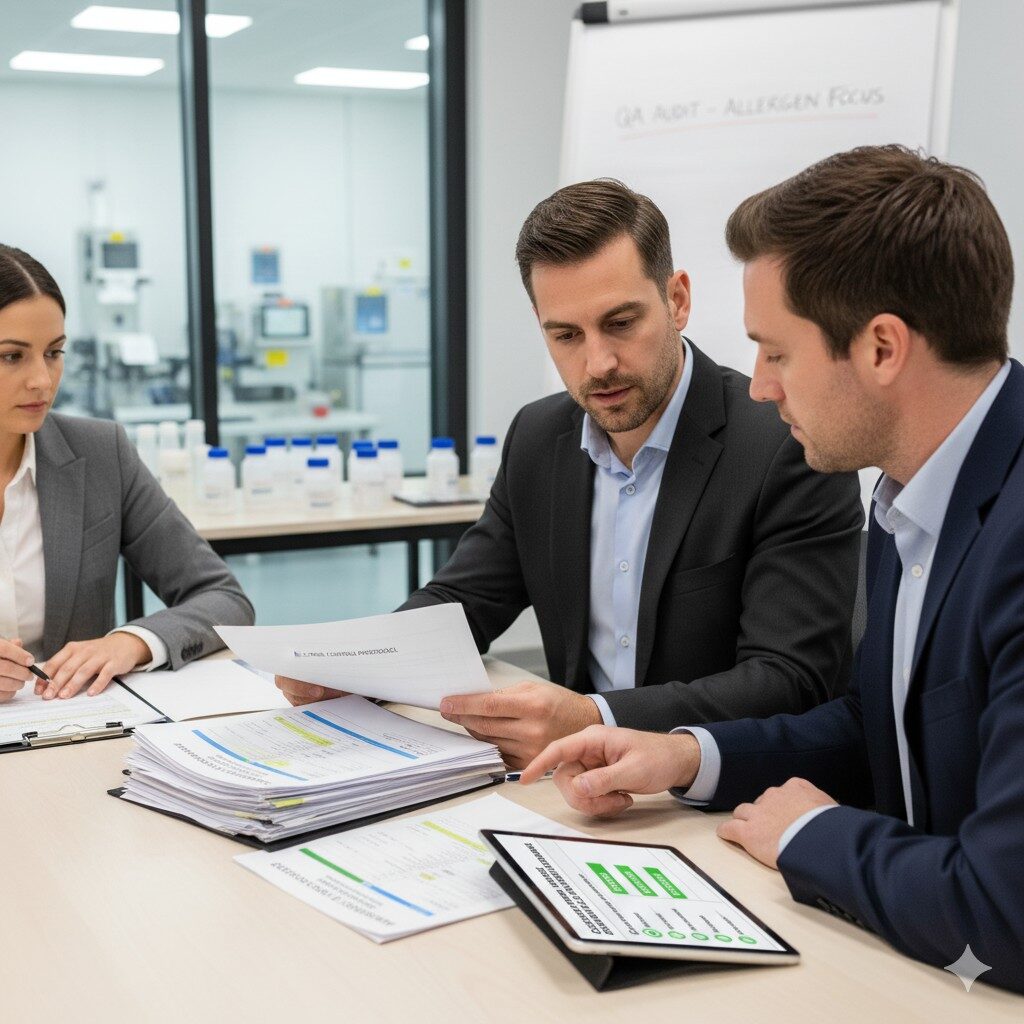  A professional photo capturing a flavor supplier audit or QA meeting, demonstrating a thorough review of batch documentation with a focus on allergen control and collaborative customer assurance in the food industry supply chain.