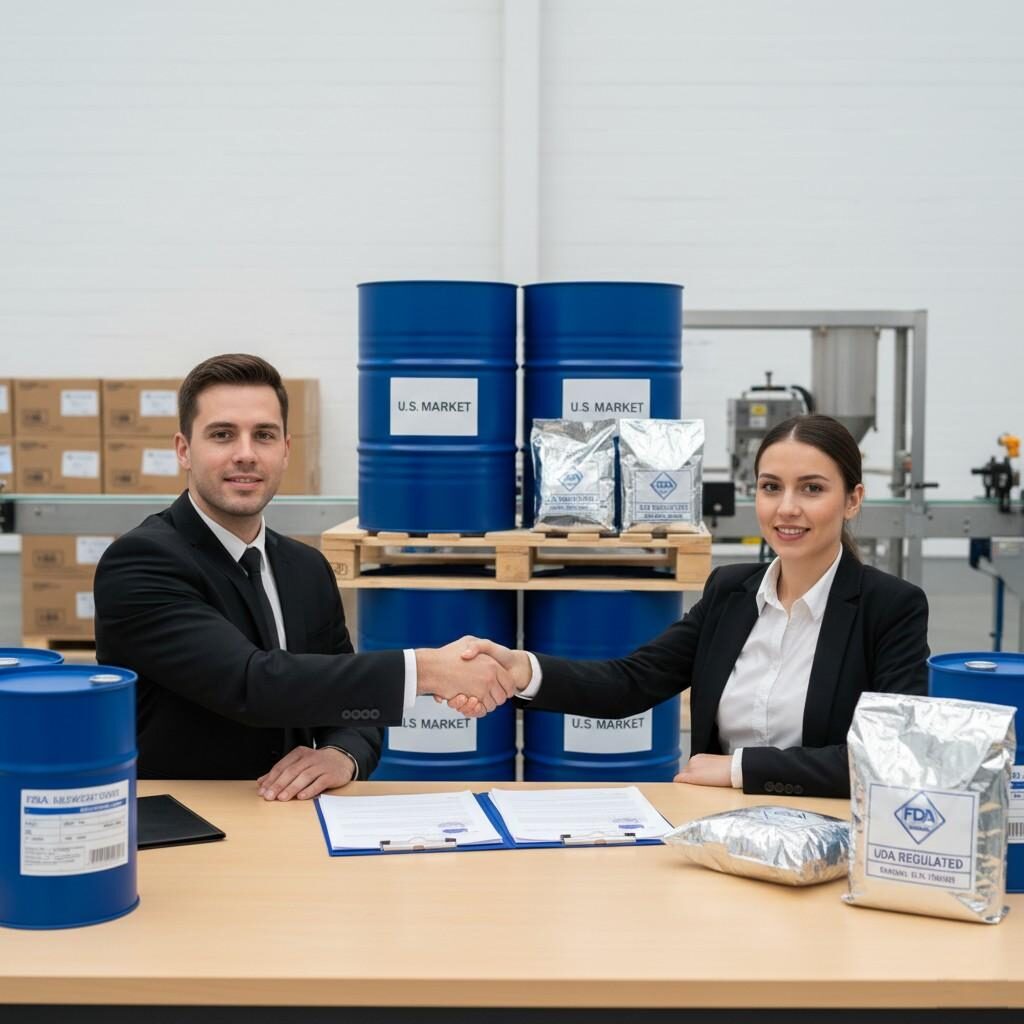  A professional photo capturing the robust partnership between a flavor supplier and a food & beverage manufacturer, symbolized by a handshake. Export drums for the U.S. market are prominently displayed alongside regulatory compliance documentation and clear FDA-regulated labeling, signifying trust, regulatory readiness, and strong commercial alignment