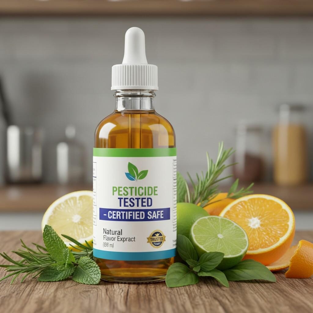 A bottle of natural flavor proudly labeled "Pesticide Tested – Certified Safe" stands alongside vibrant fresh herbs and citrus fruits. This image powerfully symbolizes the purity, trust, and commitment to safety associated with high-quality, natural flavor ingredients.