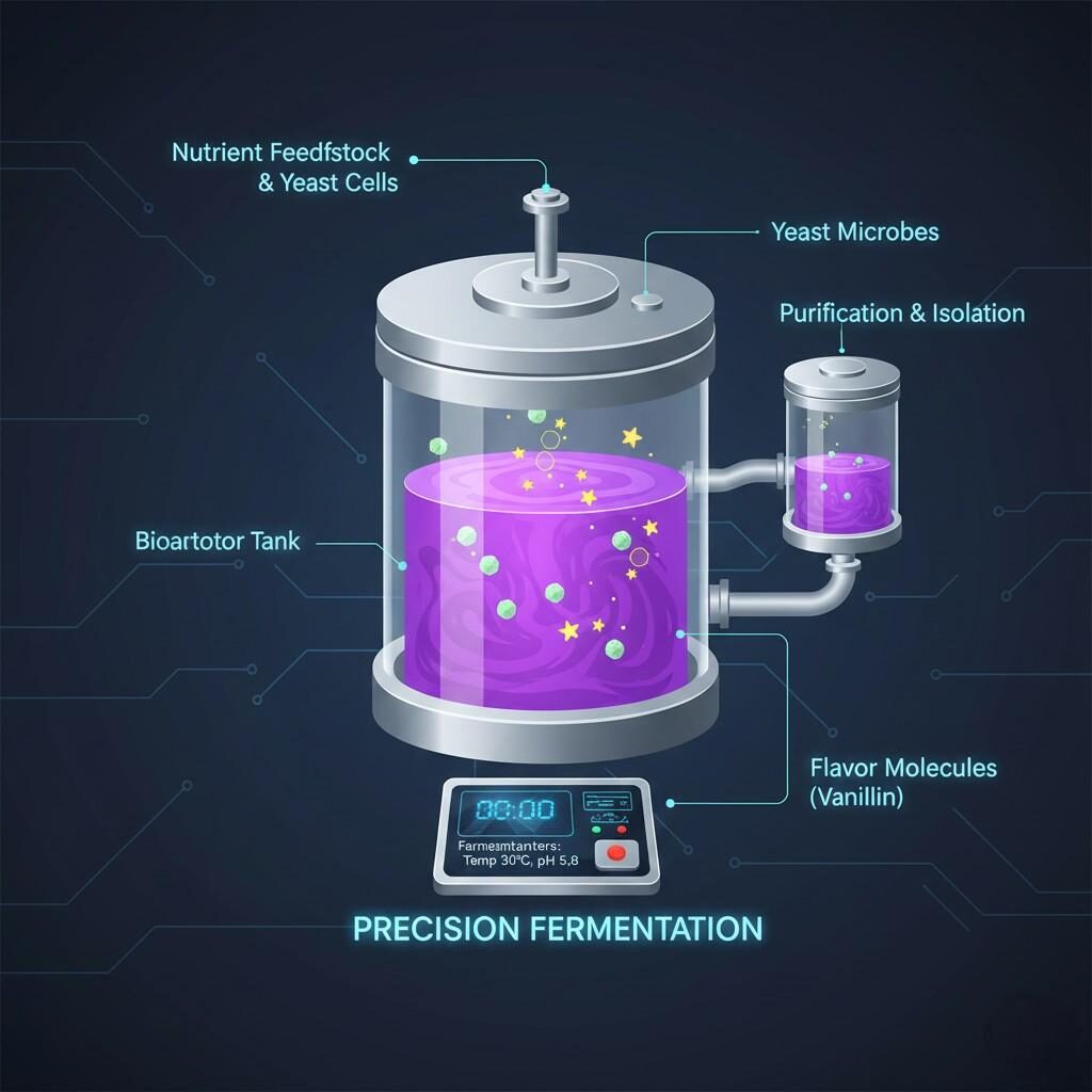 Diagrama conceptual de alta tecnología que ilustra la producción avanzada de sabores, ya sea mediante extracción de fluidos supercríticos (SFE) con CO₂ o fermentación de precisión utilizando levadura en un biorreactor.