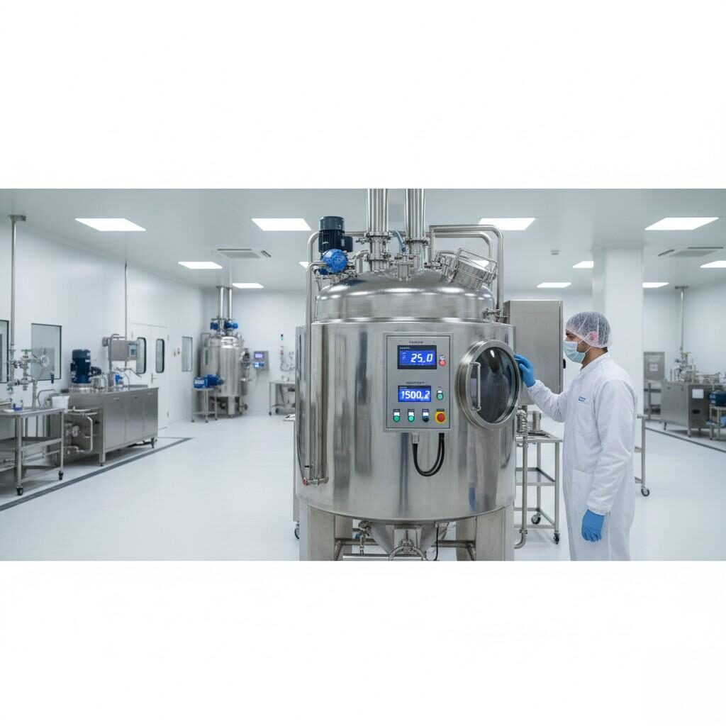 A panoramic shot of a clean, modern flavor compounding room highlights a large stainless steel industrial mixing tank with clear digital readouts.身穿全套 GMP 服装的技术人员负责监督整个过程，强调对香料生产至关重要的精确度和无菌控制。