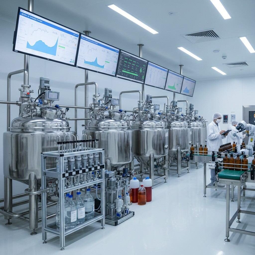 受控的食品级香精生产线，配备封闭式混合容器、自动配料系统和数字质量监控界面，确保配方精确、批次一致性和高效的大规模香精生产。