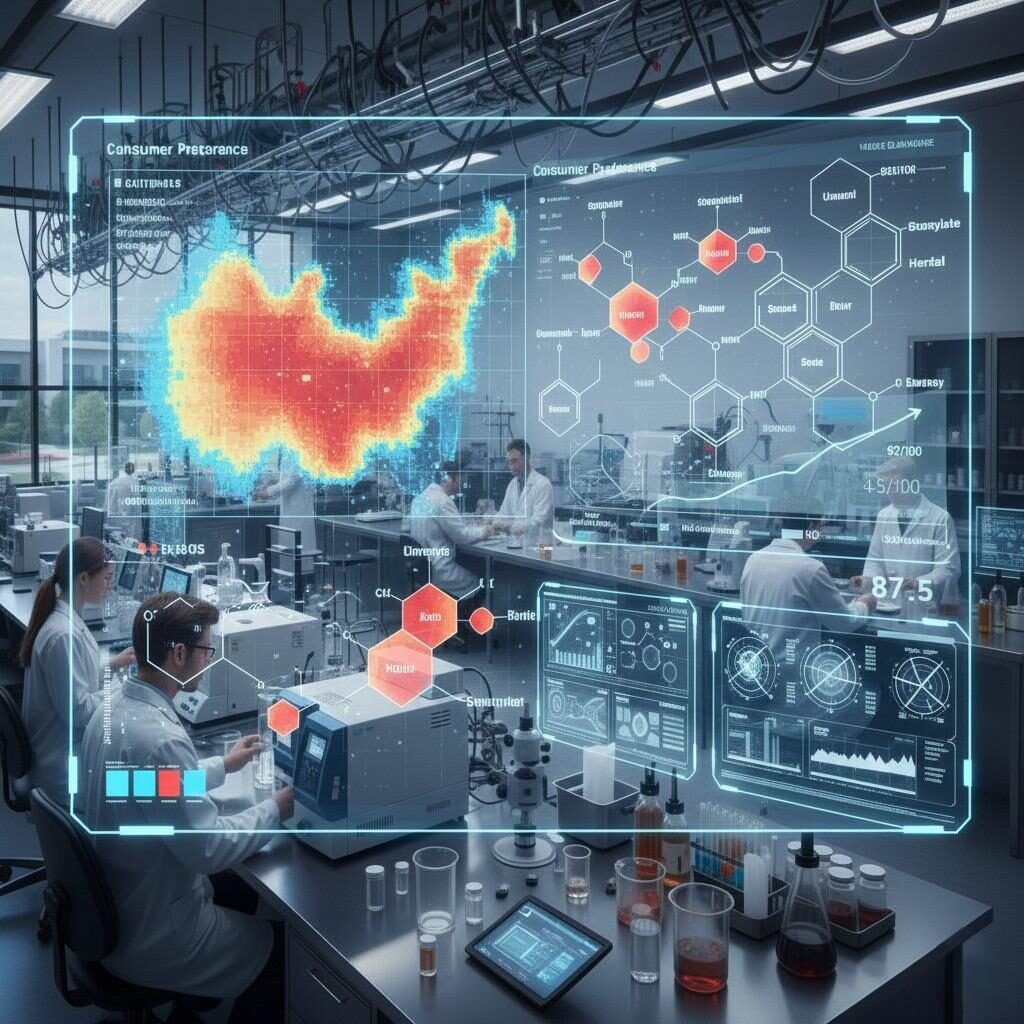 高科技风味研发仪表板可视化,包含化学风味化合物的实时数据、消费者偏好热图和预测趋势评分,以指导食品和饮料创新