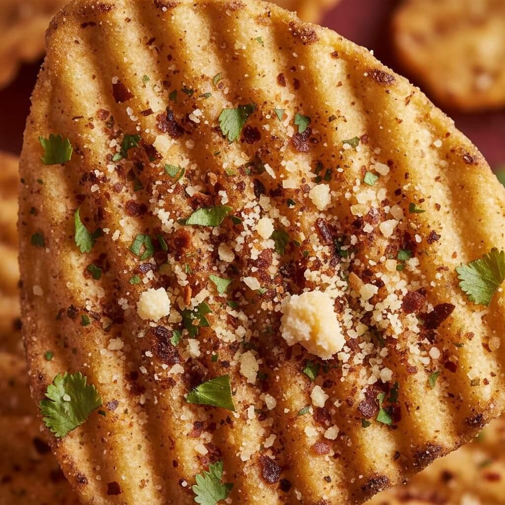 调味玉米片的极端微距镜头，突出了红辣椒、绿色香草和奶酪粉的复杂混合物。视觉上复杂且高对比度