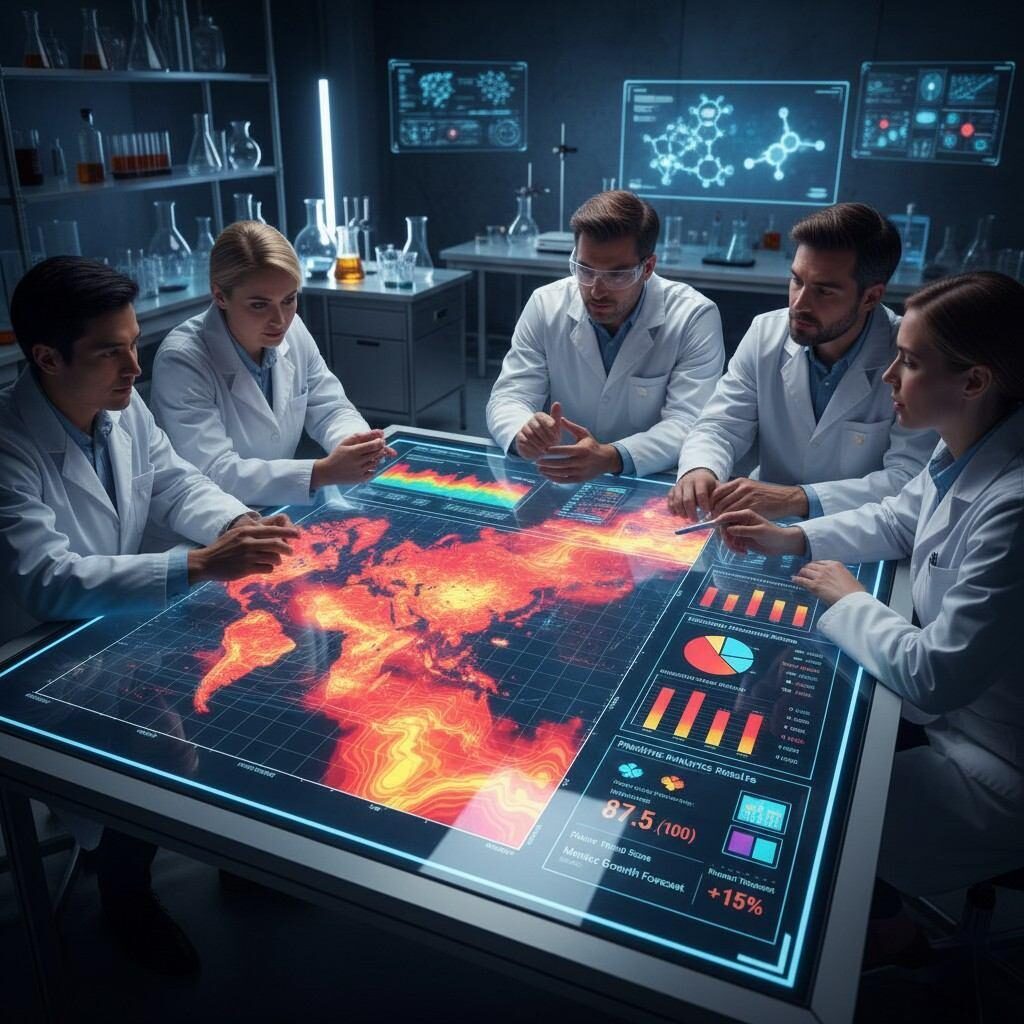 现代实验室环境中的协作研发团队分析风味热图、消费者偏好图表和数字屏幕上显示的预测分析结果,为新食品和饮料产品的开发做出数据驱动的决策