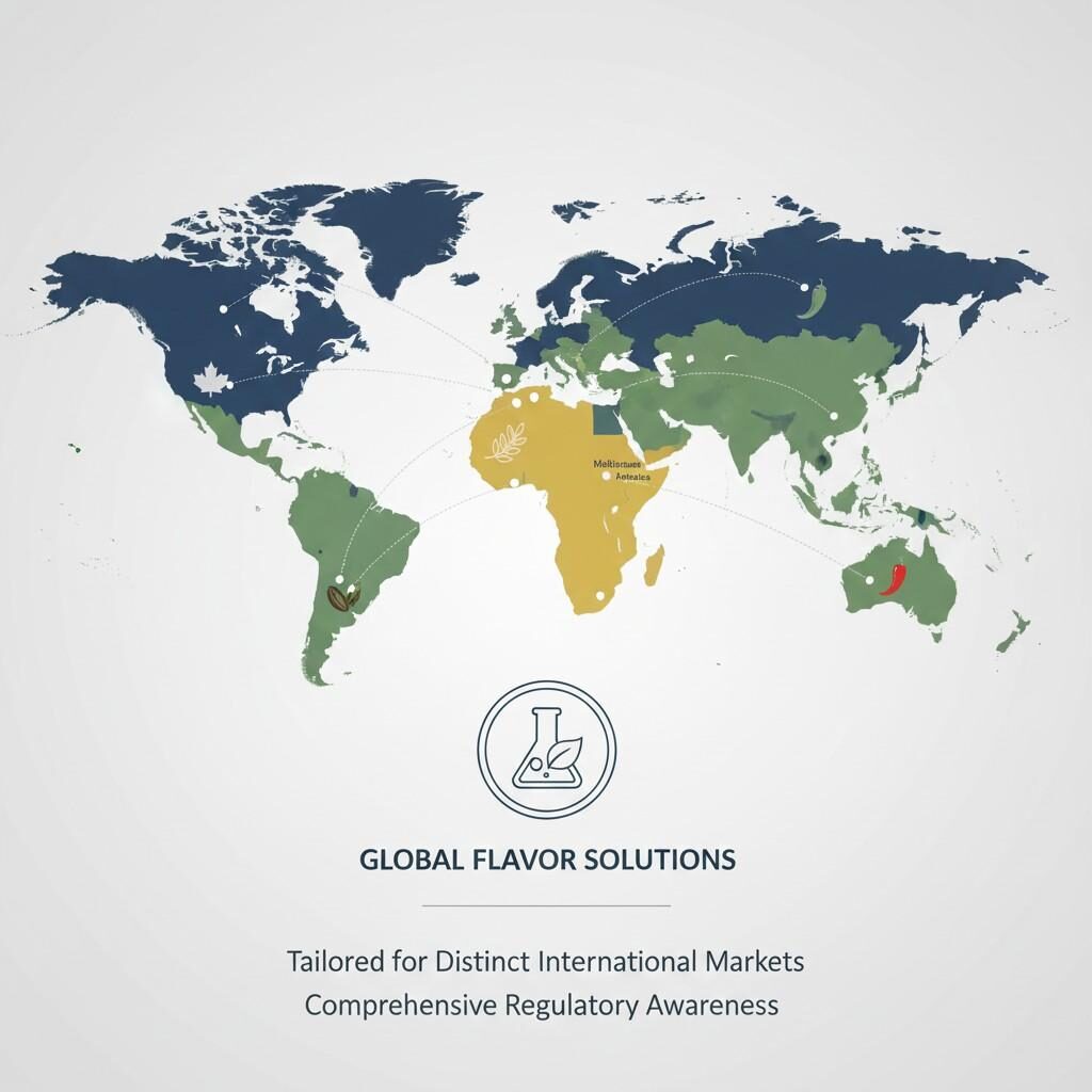 Un mapa mundial estilizado y minimalista que destaca varias regiones con íconos de sabores específicos (por ejemplo, aceituna para el Mediterráneo, ají para Asia) conectado a un ícono de laboratorio central, que simboliza la conciencia regulatoria global de una casa de sabores y su capacidad para adaptar sabores a distintos mercados internacionales.