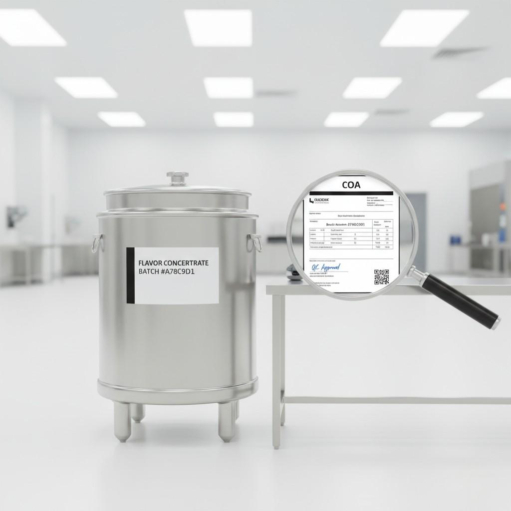 清晰的图像显示了一个完美填充和密封的工业香料桶，旁边是可见的分析证书 (CoA) 文件。 A magnified section highlights a QC signature and unique batch number, emphasizing the rigorous quality control and traceability of flavor concentrates.