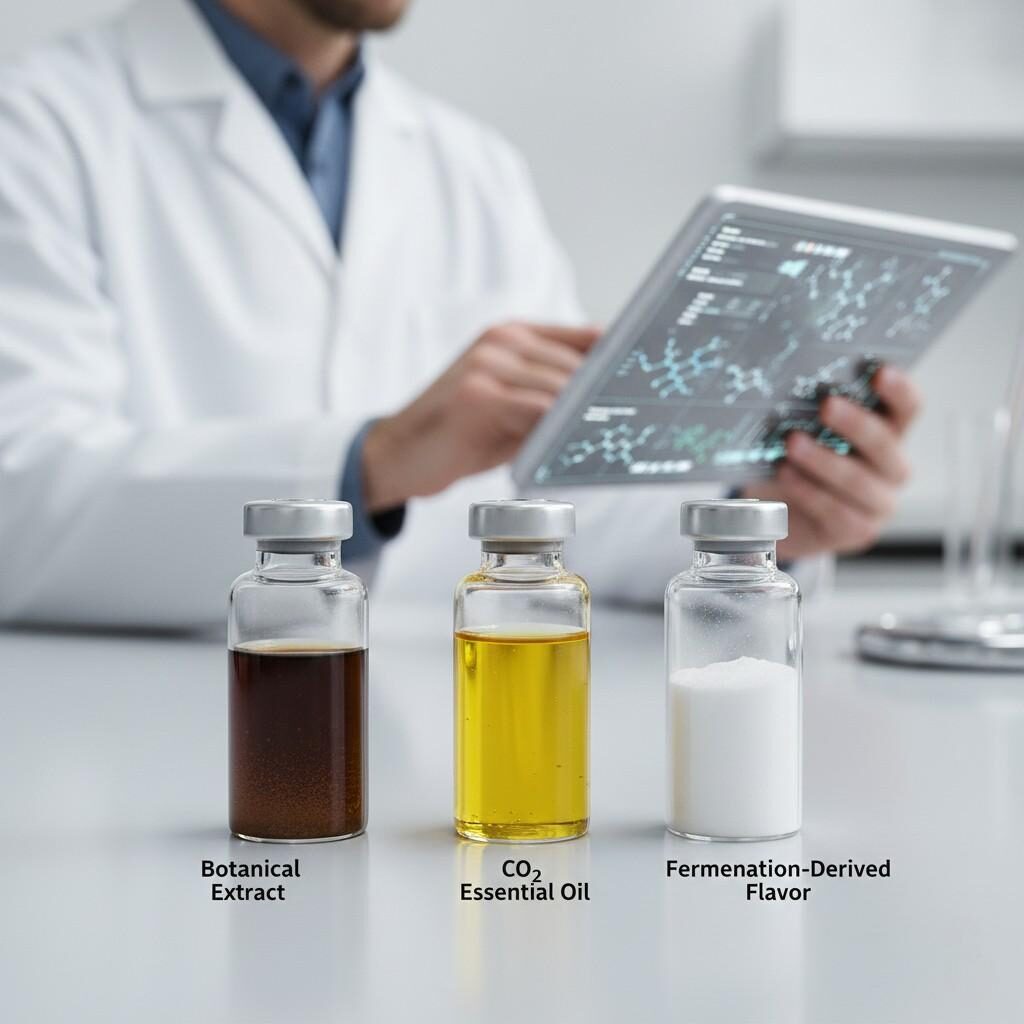 Imagen de laboratorio limpia y moderna que muestra tres componentes de sabor: un extracto botánico, un aceite esencial extraído con CO₂ y un polvo derivado de la fermentación. Simboliza la combinación de naturaleza y tecnología de sabores.