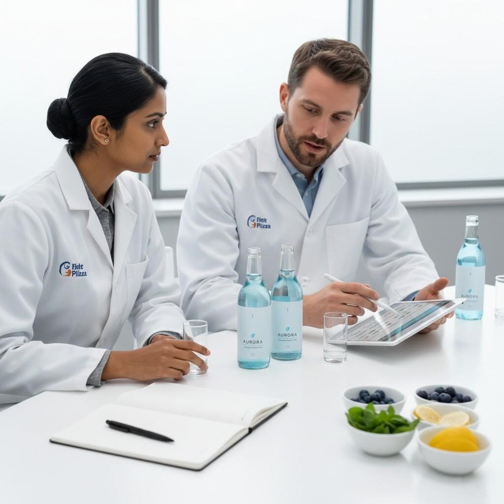 Una fotografía comercial aspiracional de alta calidad que muestra una bebida funcional elegantemente empaquetada junto a un monitor de computadora que muestra un gráfico científico exitoso, destacando la combinación perfecta entre innovación científica y desarrollo de productos listos para el mercado.