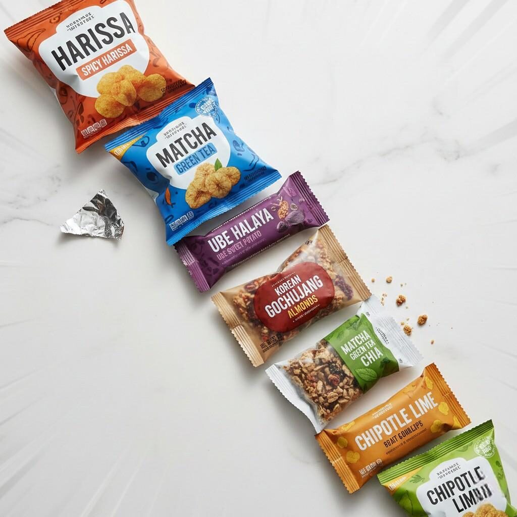 Vibrant, high-energy photograph of single-serve snacks featuring bold, globally-inspired flavors like Harissa, Ube, and Gochujang. Perfect for convenience and culinary exploration.
