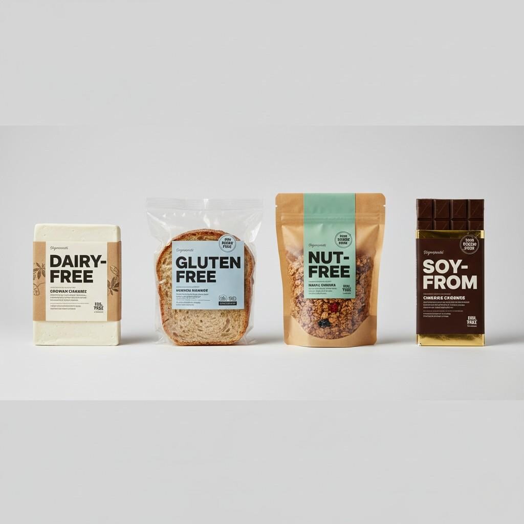 Visually clean, minimalist photograph of four food products with prominent "Free From" claims (e.g., Dairy-Free, Gluten-Free). Emphasizes modern design, trust, and premium quality
