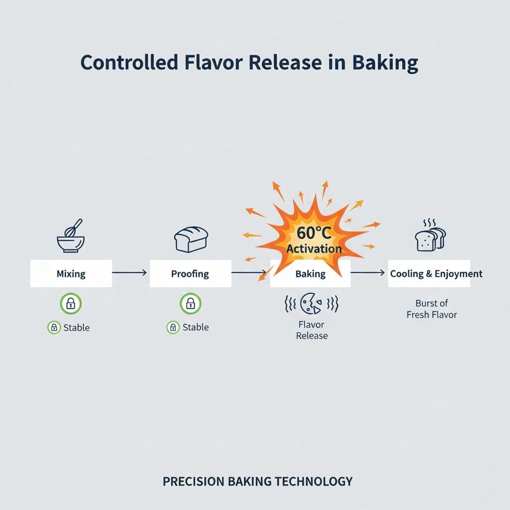 This technical flow diagram illustrates "Controlled Flavor Release in Baking." A flavor capsule remains stable through 'Mixing' and 'Proofing' but undergoes a clear explosion graphic at the 'Baking' stage, labeled '60°C Activation,' highlighting its controlled release mechanism.
