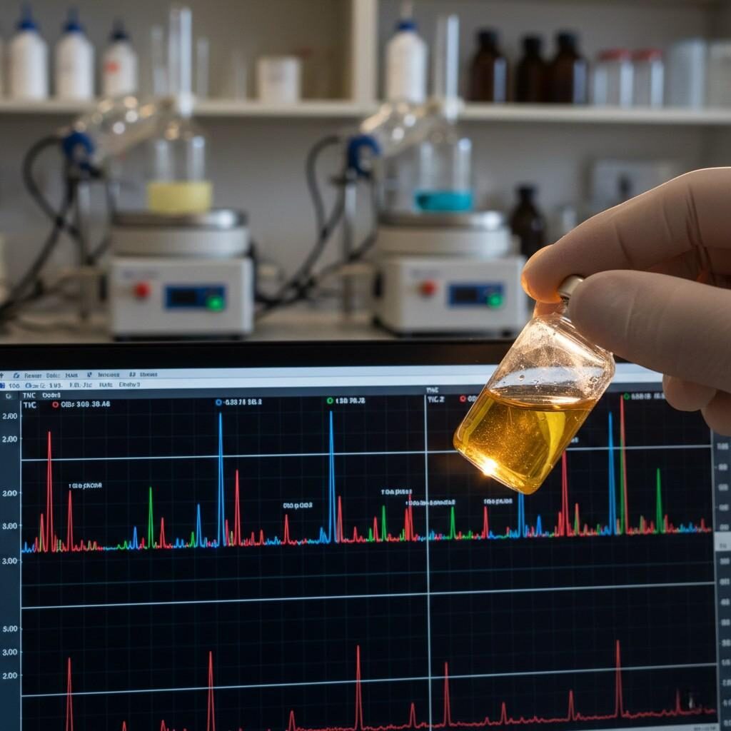 A close-up, macro shot capturing the precise science of flavor extraction. A flavor chemist holds a vial of amber liquid against a monitor displaying a detailed GC-MS chromatogram, with blurred rotary evaporators in the background, signifying high-precision laboratory analysis.