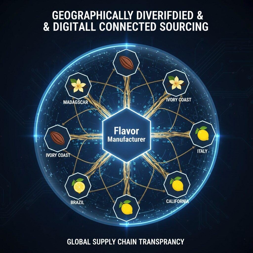 This complex, color-coded network diagram illustrates "Geographically Diversified & Digitally Connected Sourcing." Key commodity icons (Vanilla pod, Cocoa bean, Lemon) from distant geographical nodes are connected by thick lines to a central 'Flavor Manufacturer,' emphasizing global supply chain transparency.