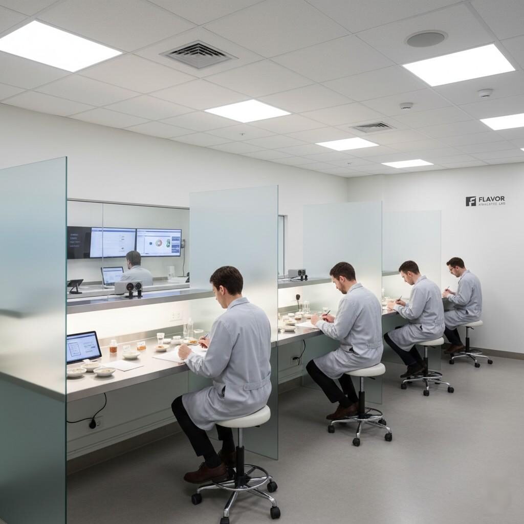 Professional sensory evaluation room with trained panelists conducting structured assessments in individual booths, focused on determining flavor consistency and performing shelf-life analysis for new food and beverage products