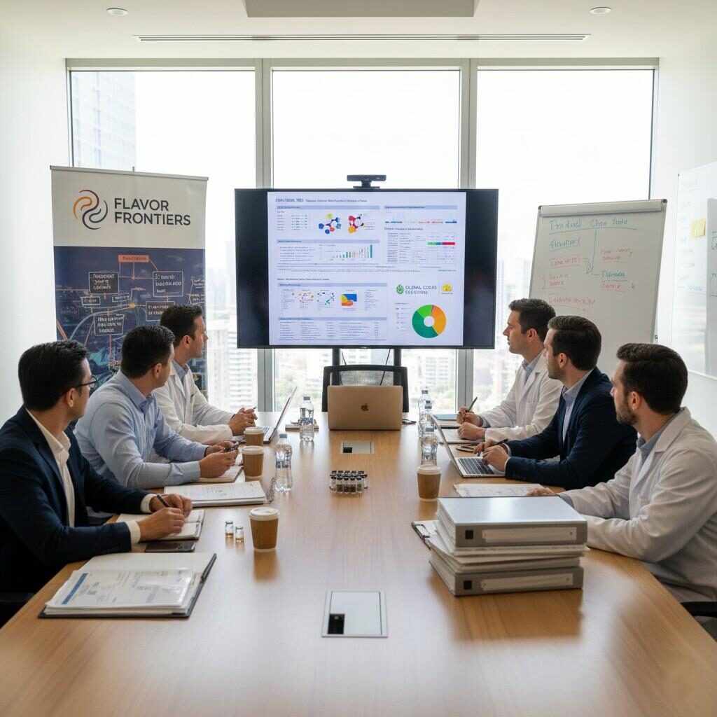 A collaborative technical meeting between flavor manufacturer and food brand teams, focusing on strategic discussions to review the latest regulatory updates and finalize key reformulation strategies for consumer products