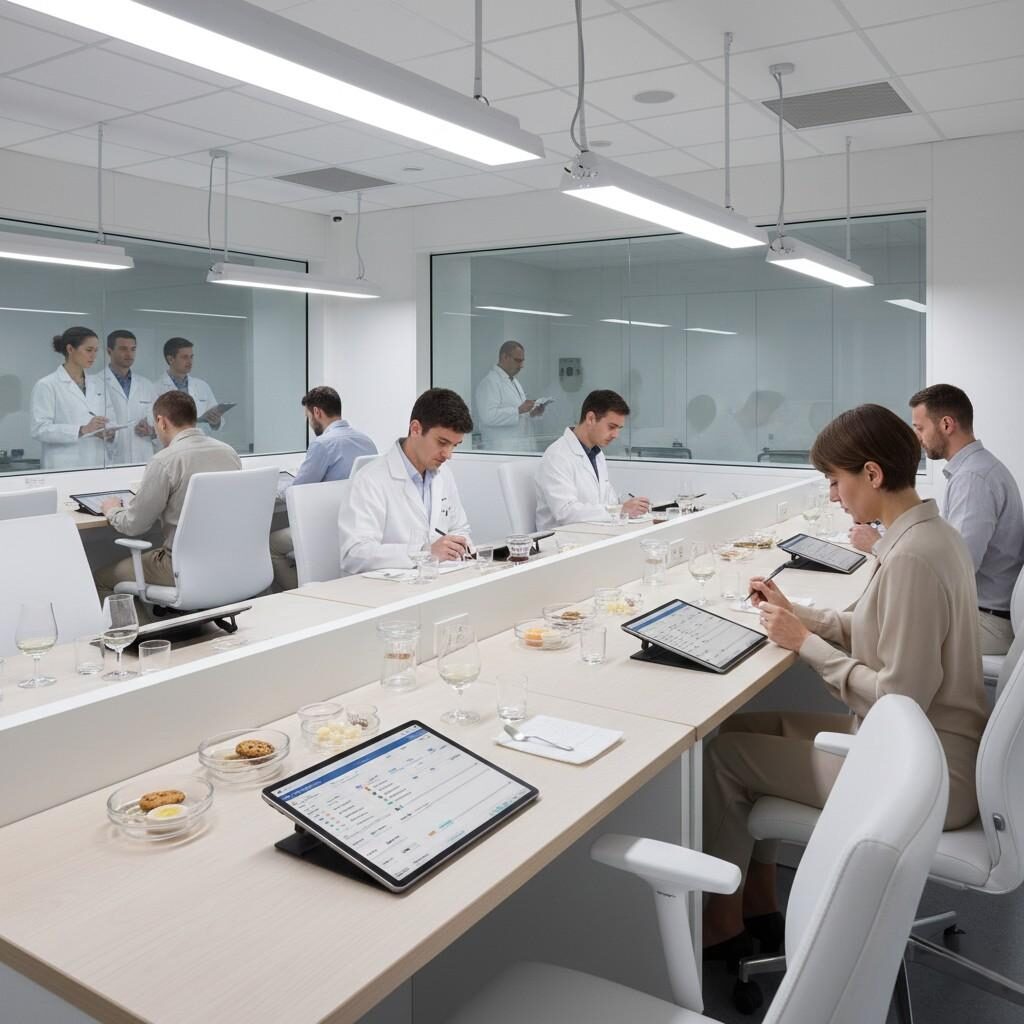 Professional sensory evaluation room where trained panelists conduct descriptive analysis of food and beverage samples under controlled lighting and standardized conditions to ensure reliable, data-driven flavor development.