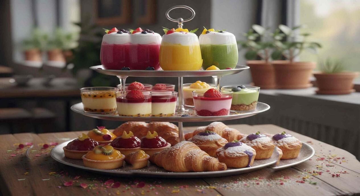 A visually striking, Instagram-ready collection of layered beverages and desserts featuring distinct flavor layers, vivid natural pigment gradients, and beautifully glossy surfaces. This image is perfect for cafe features, trending food posts, and showcasing colorful, sophisticated sweets.