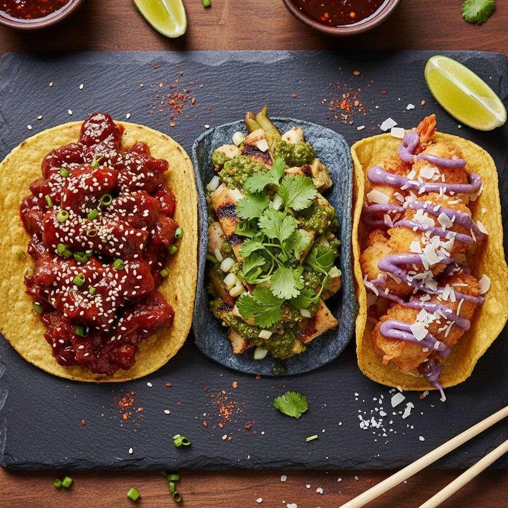 A high-angle, overhead shot showcasing three visually stunning, global fusion tacos on a dark slate board. Featuring vibrant fillings like deep red Korean glaze, bright green chimichurri, and a unique ube-drizzled tempura taco, the image emphasizes creative, colorful, and elevated street food.