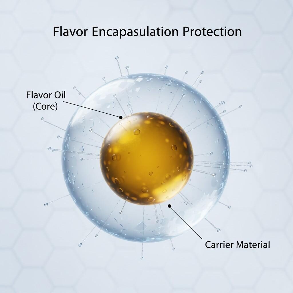 This conceptual, colorful image offers a highly magnified cross-section of a flavor microcapsule. A dark green/yellow 'flavor oil' core is perfectly encased by a smooth, translucent 'carrier material' wall, illustrating the concept of advanced flavor encapsulation protection.