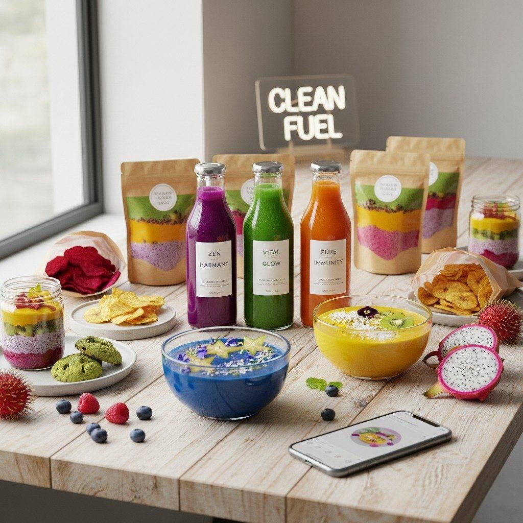 A visually striking and appealing display of wellness-focused products, including layered functional beverages, colorful plant-based desserts, and fresh snacks. The presentation emphasizes vibrant natural colors and clean-label ingredients, perfectly capturing the aesthetic of modern, health-conscious gourmet food.