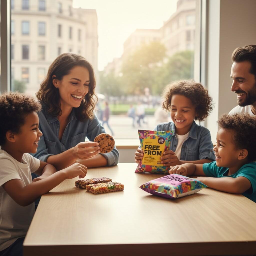 Image of a diverse group of smiling adults and children happily sharing and eating a variety of appealing, safe snacks, symbolizing inclusion, trust, and pleasure without compromise in modern food