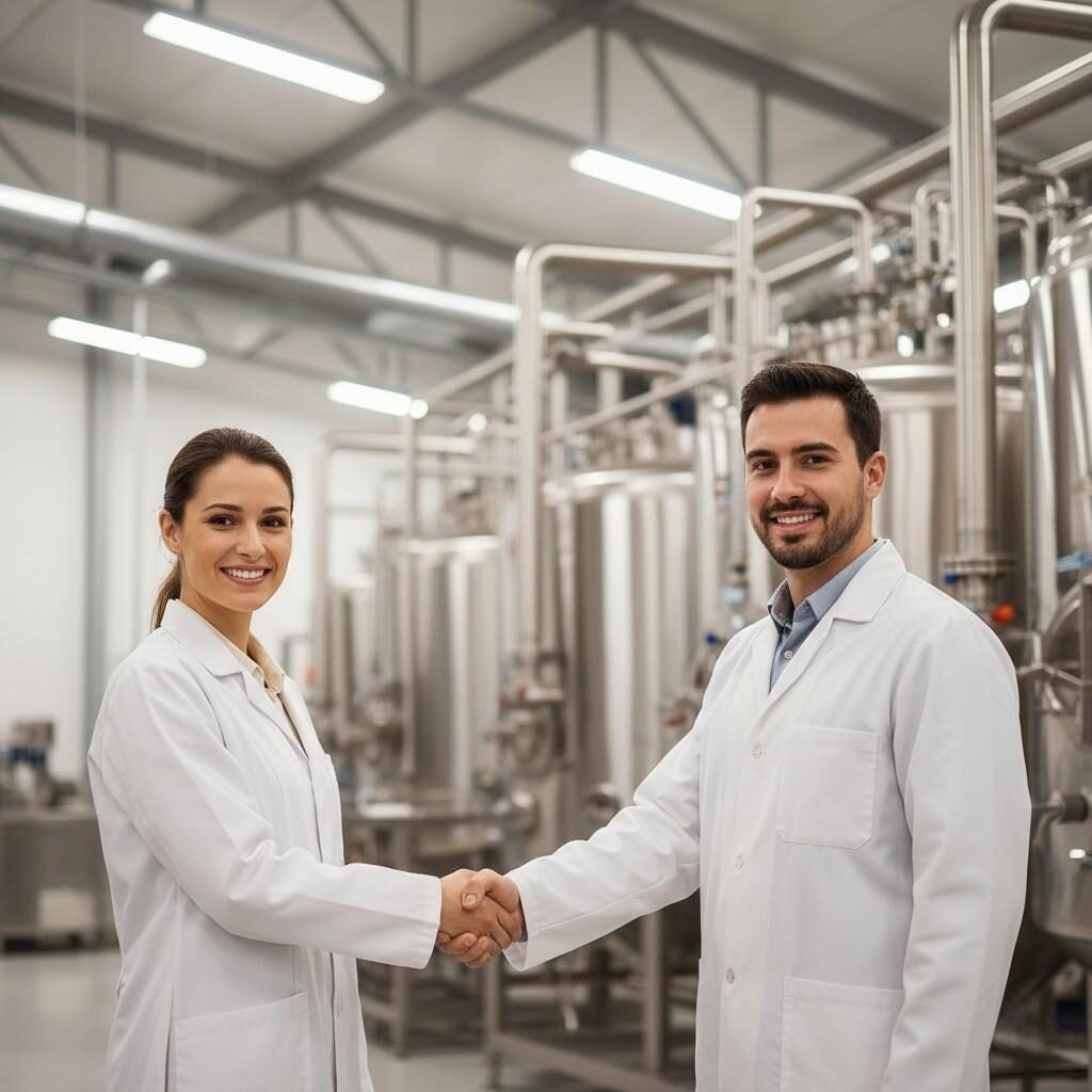 A professional photo captures a client's R&D manager and a flavor company representative shaking hands in front of a blurred manufacturing facility. This image symbolizes trust and an integrated partnership in product development and production.