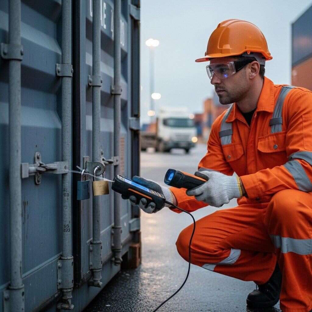 A close-up, high-quality image of a secured ocean freight container or truck trailer door. A logistics professional in high-visibility gear performs a final seal check using a handheld device, emphasizing safety, security, and the crucial moment of guaranteed departure in global freight operations.