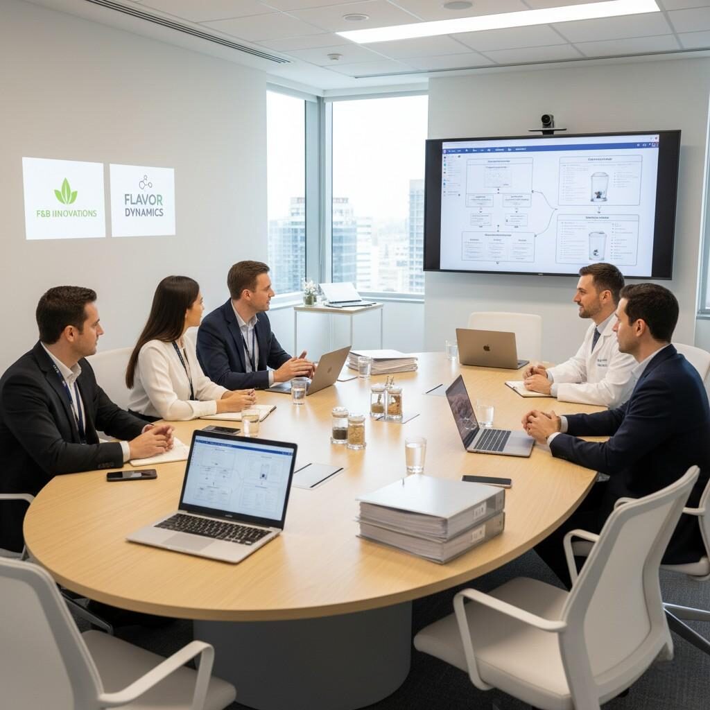 Food and beverage brand team collaborating with a professional flavor manufacturer in a technical meeting room, representing long-term partnership, shared quality commitment, and strategic custom flavor development.