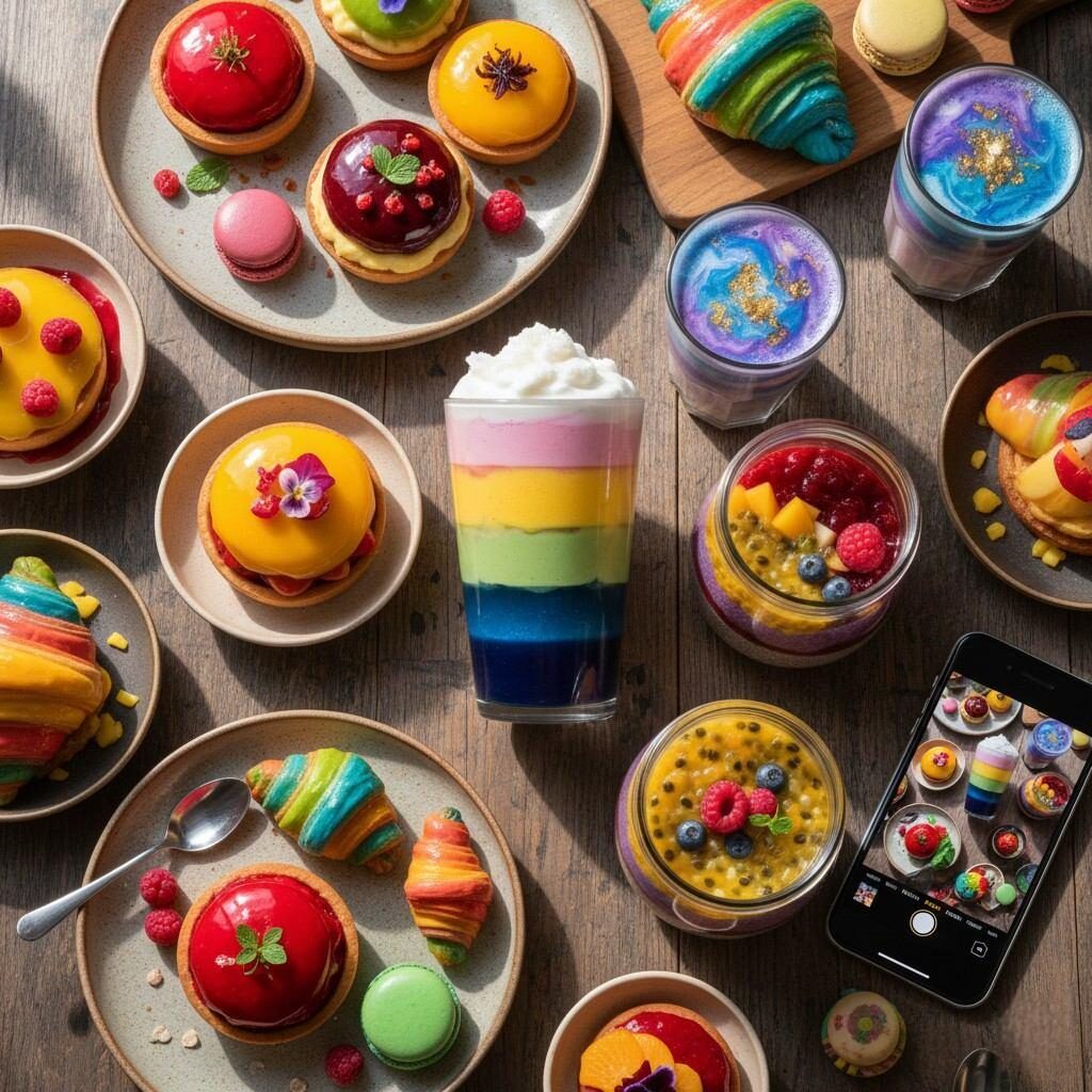 An eye-catching assortment of Instagram-ready desserts and beverages artfully arranged on a tiered stand. The display features vibrant colors, glossy fruit finishes, and visually striking layered effects, highlighting fresh, flavor-driven treats perfect for a social media campaign or website banner.