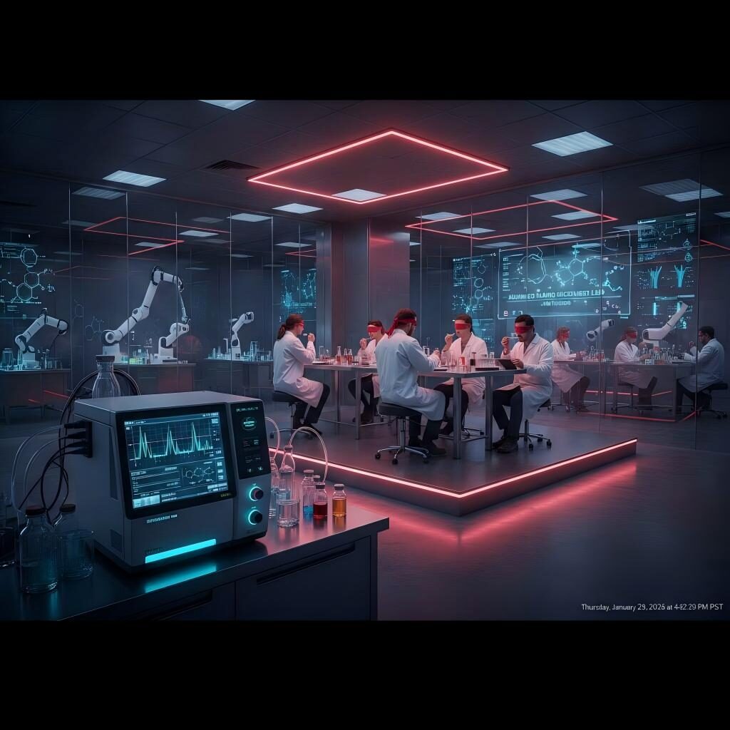 A panoramic view of a professional flavor laboratory featuring a GC-MS machine analyzing molecular peaks while flavorists conduct a sensory panel under bias-neutral red lighting.