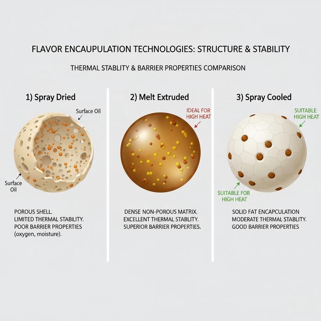 A technical comparison graphic illustrating the structural differences between spray-dried, melt-extruded, and spray-cooled flavor particles, highlighting thermal stability and barrier efficiency.