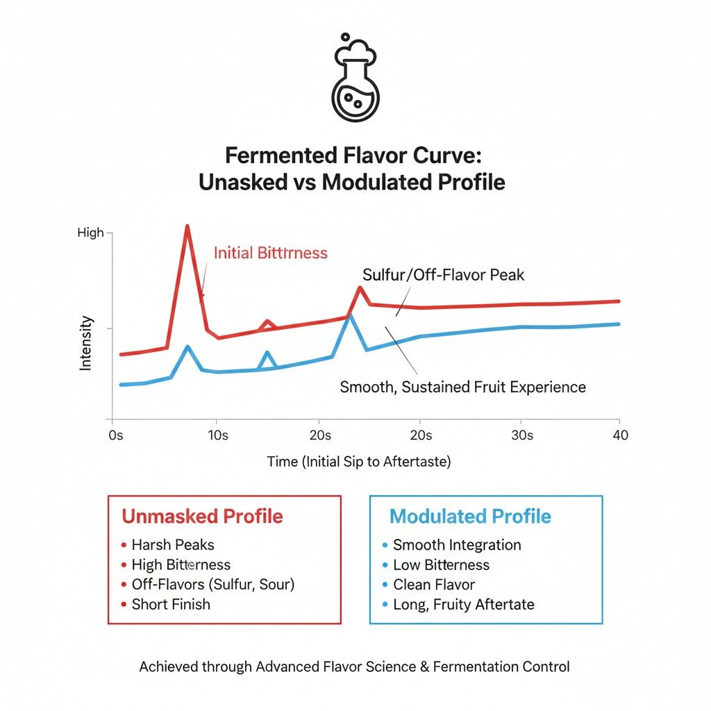 A detailed infographic comparing the flavor curves of unmasked vs. modulated fermented beverages, showing time-based intensity of bitterness, sulfur, and fruit notes.