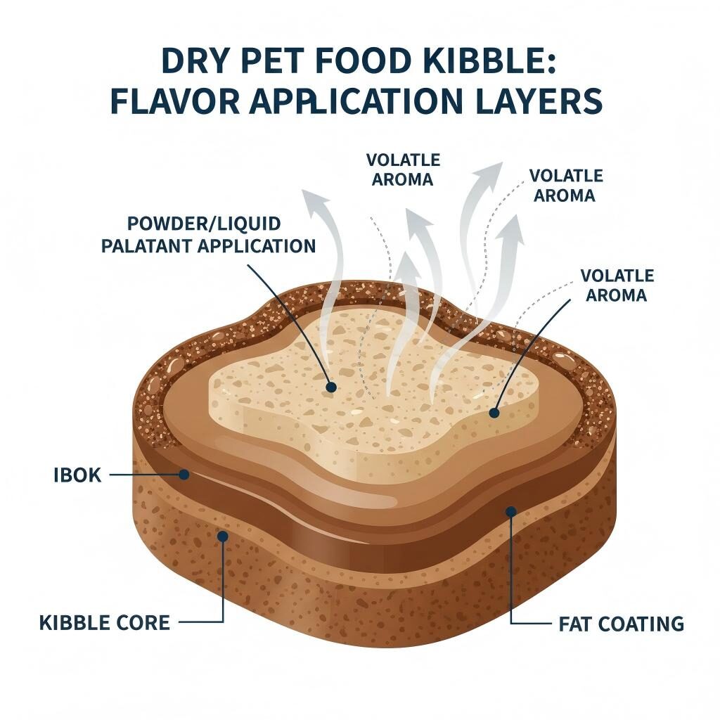 A technical infographic illustrating the layered structure of extruded pet kibble. The diagram highlights the core kibble, fat coating, and outer palatant layers, with arrows showing the release of volatile aromas.